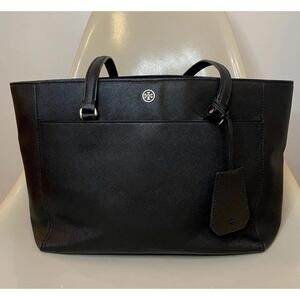 Tory Burch Tote Bag Womens Black Leather Outer Pocket Dual Handle Solid